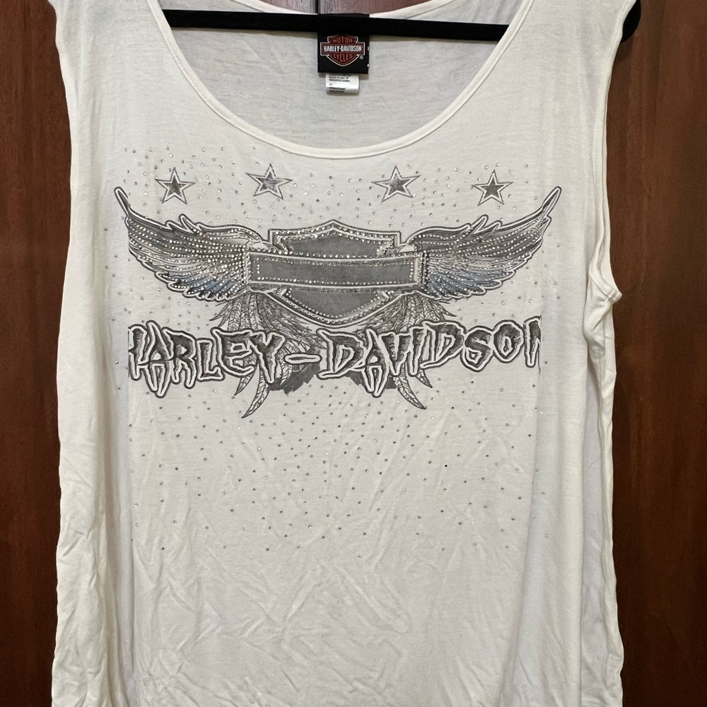 Harley-Davidson Rhinestone White and Gray Graphic Tank Top